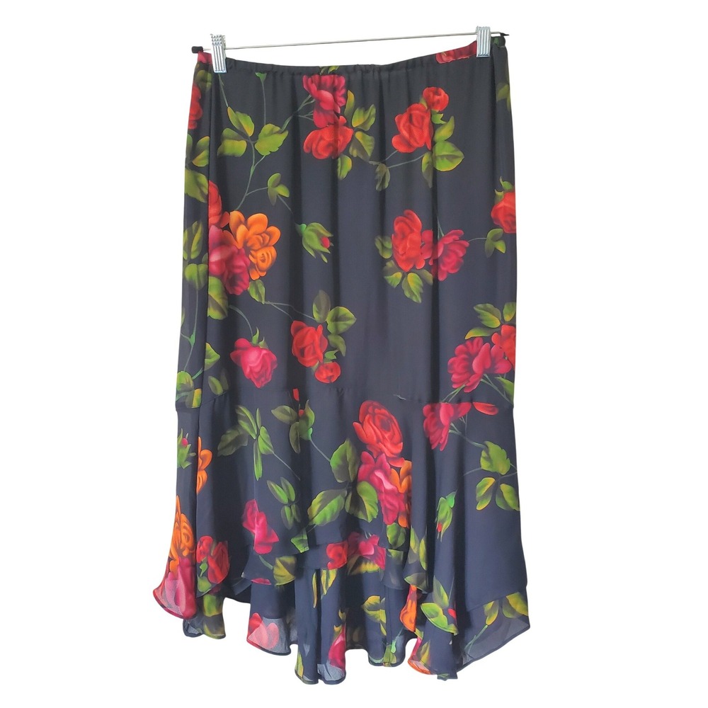 Chico's 2 Silk Floral Rose High Low Ruffle Midi Skirt Black Red XL